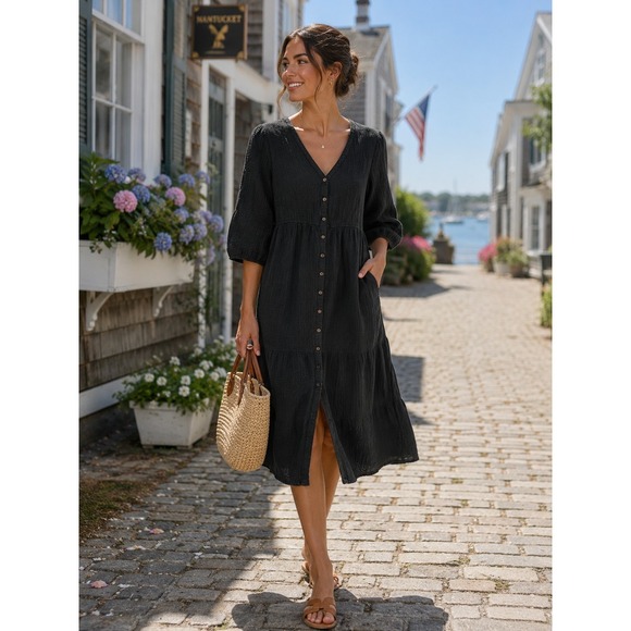 Marine Layer Dresses & Skirts - Marine Layer Willow Double Cloth Midi Boho Vacation Dress Black Large